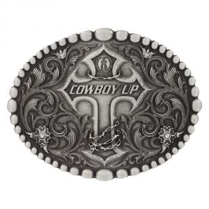 Montana Silversmiths Classic Oval Beaded Trim Cowboy Up Cross Attitude Buckle (60990S)